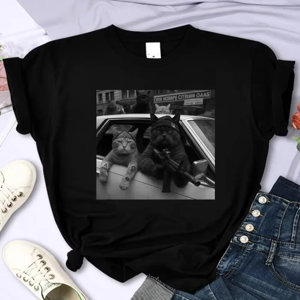 Funny Cat Gang Meme Graphic T-Shirts Women's Clothes Fashion Vintage Short Sleeve T-shirt Oversized T-shirts Streetwear Tee Top