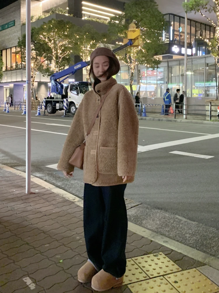 Jaqueta Feminina Fretaro de Lã Dupla Face Quente e Versátil, Nova Coleção de Inverno, Estilo Casual Solto de Manga Longa