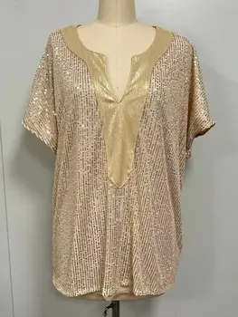 Módní dámské flitry s výstřihem do V, halenka s volným střihem, elegantní jednobarevný top, ležérní košile s krátkým rukávem 10 nejlepší prodej halenka s flitry - №7