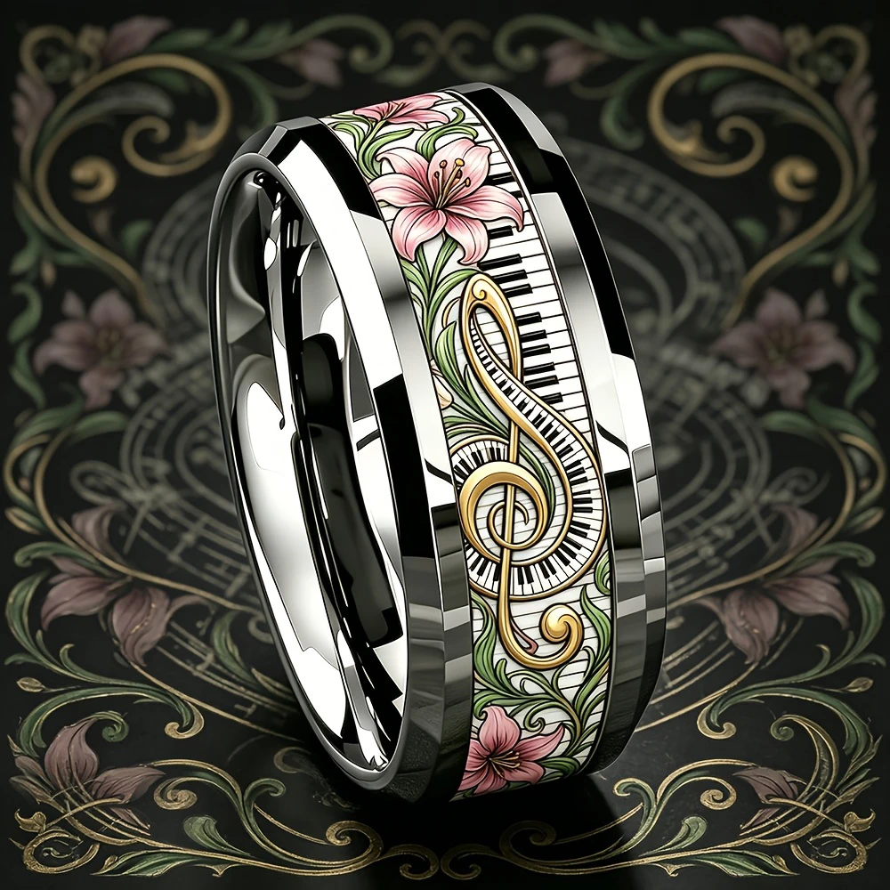Elegant Musical Note and Lily Floral Pattern Ring Fashion Stainless Steel Rings for Women Men Music Enthusiasts Jewelry Gifts
