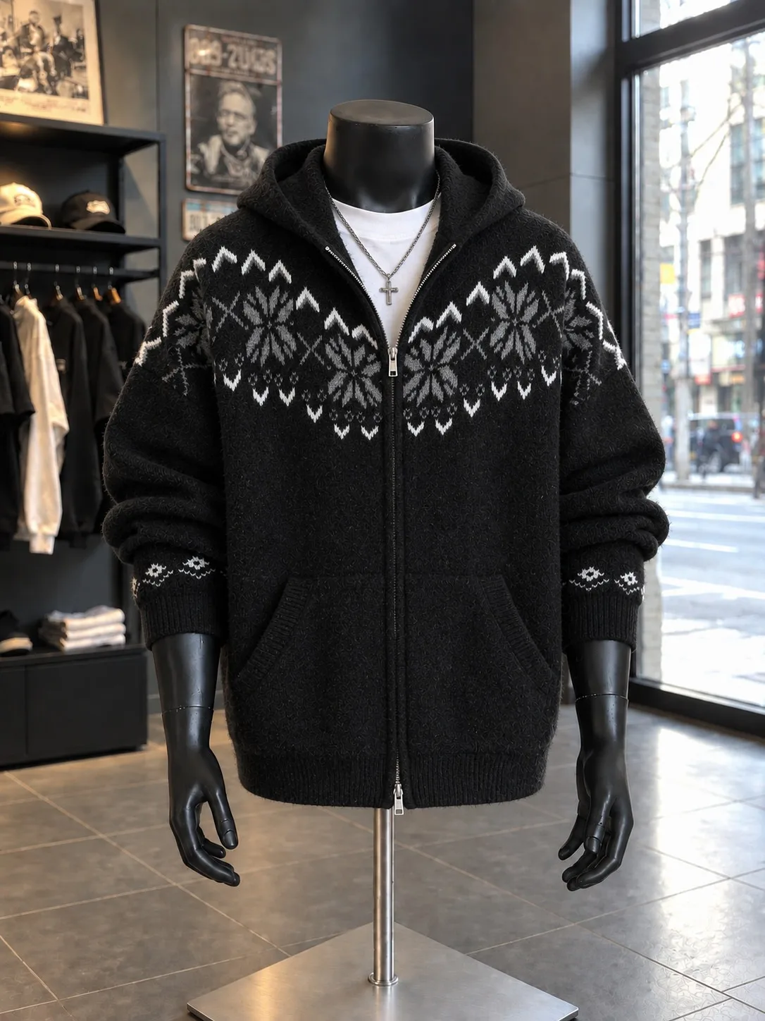 Black Hooded Fair Isle Knitwear Jacket Men's Loose Double Zipper Open Cardigan Trendy Autumn Winter New Style Casual Comfortable