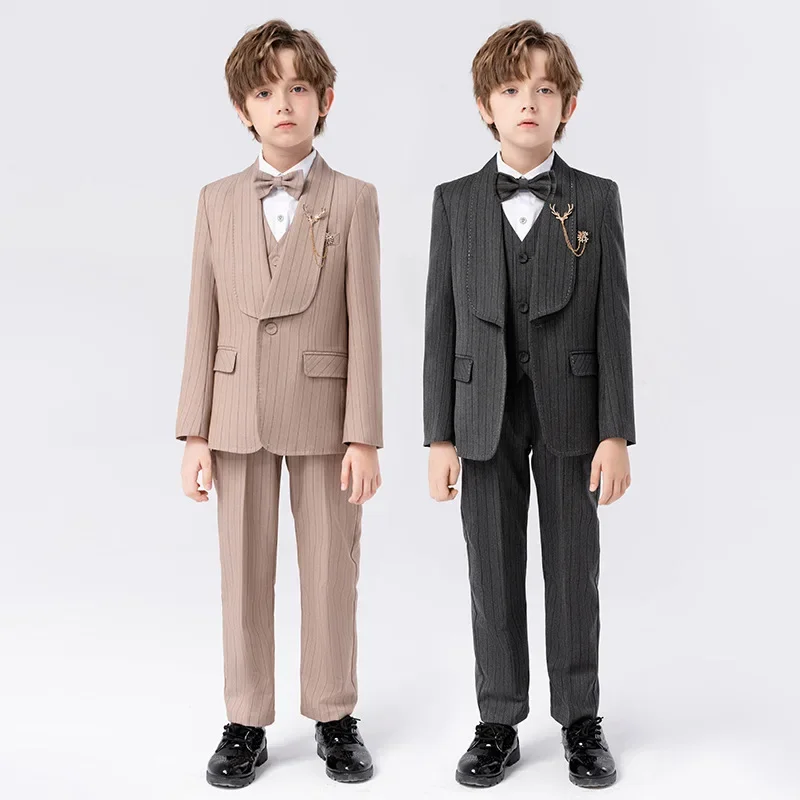 Boys Autumn Modern British Style Fashionable Striped Small Suit Boys Handsome Event Host Suit Formal Dress Performance Outfit