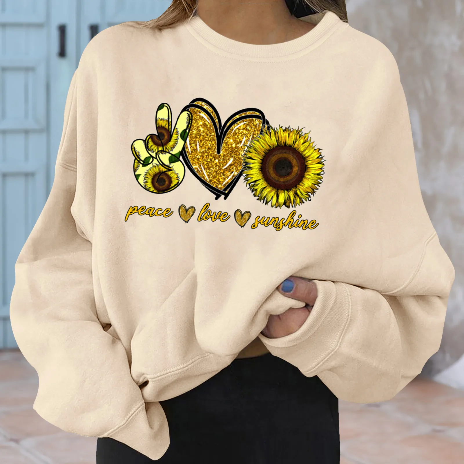 

Women'S Sunflower Finger Love Print Fashion Hoodie Round Neck Long Sleeve Casual All-Match Comfortable Pullover Chic Hoodie