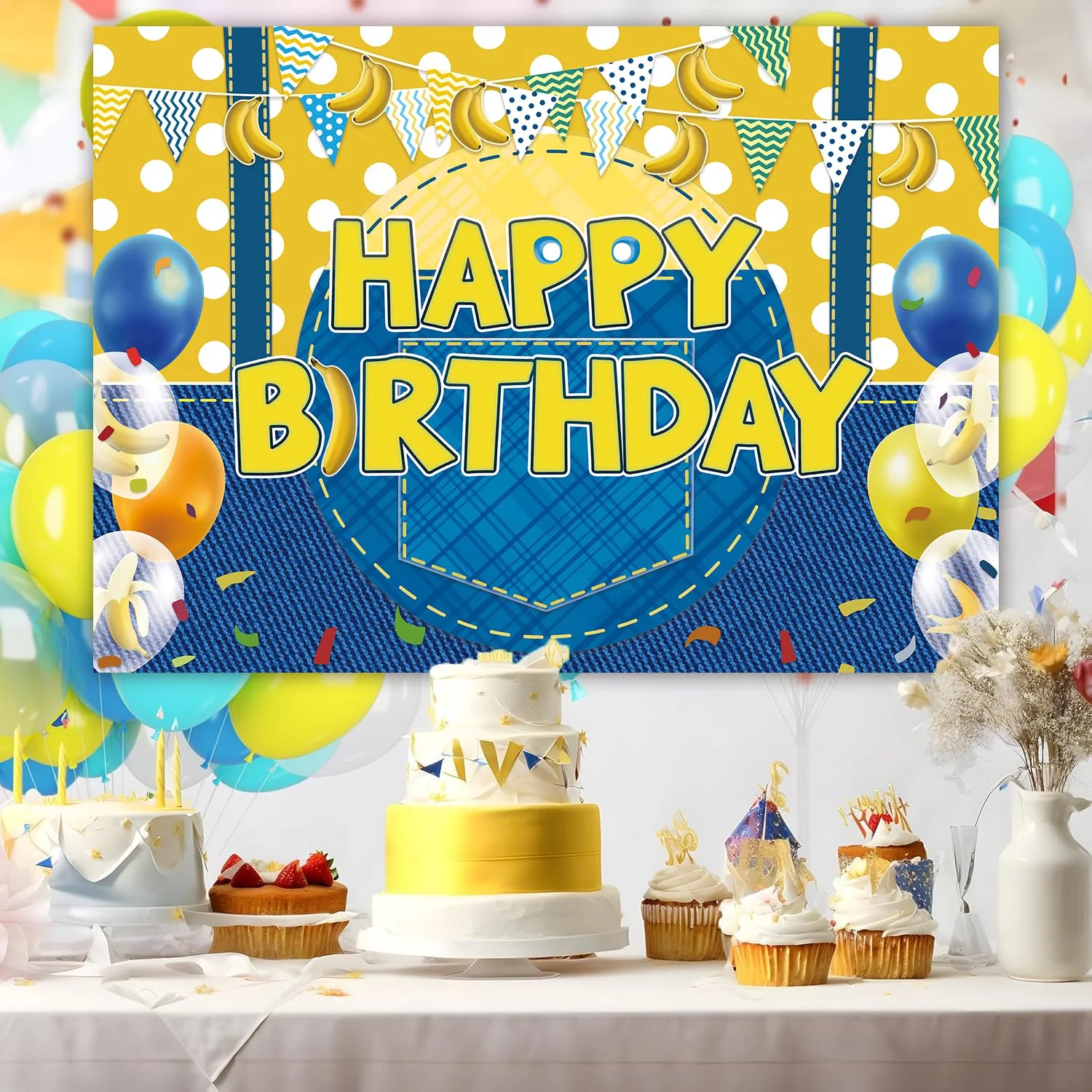 Cartoon Yellow Cowboy Happy Birthday Backdrop for Boys Girls Baby Shower Party Home Decorations Cowboy Banana Balloon Photo