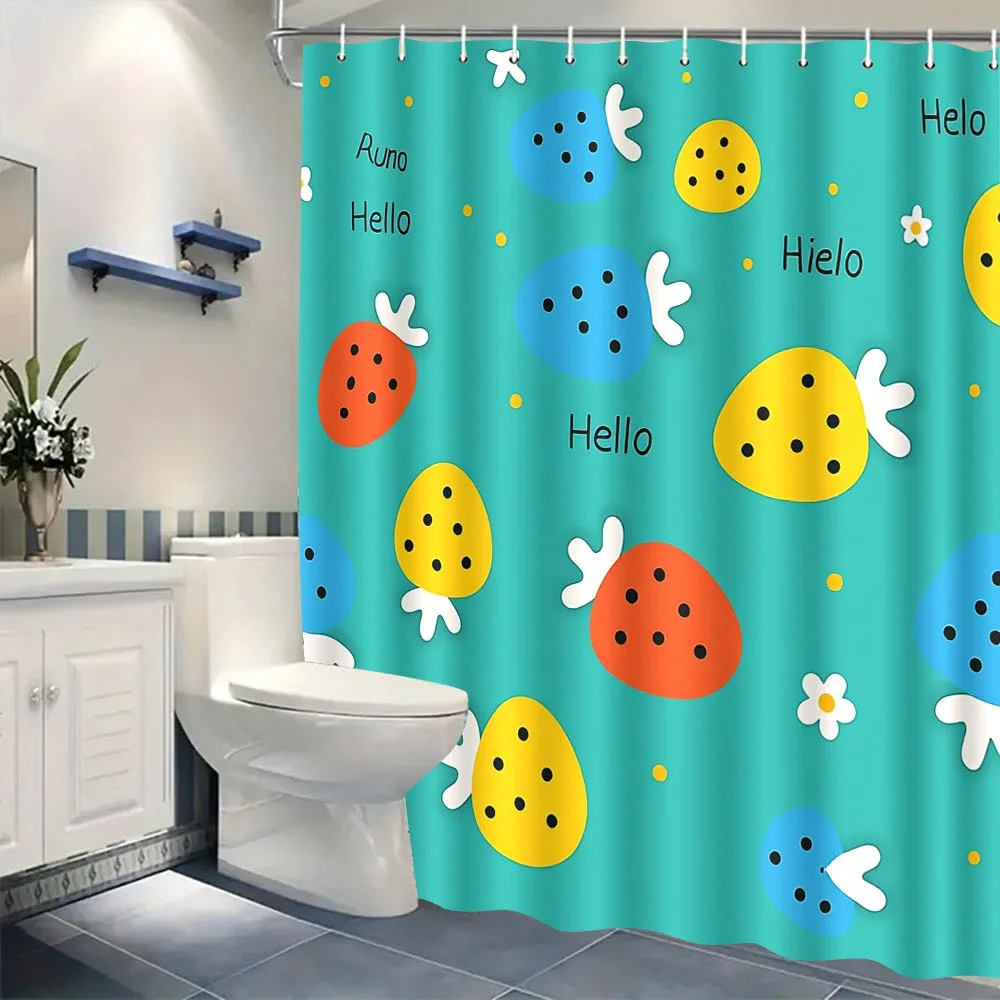 Teal Strawberry Shower Curtain  Whimsical “Hello” Polka-Dot Fruit Design 12 Hooks, Machine Washable, Cheerful Kids & Modern Bath