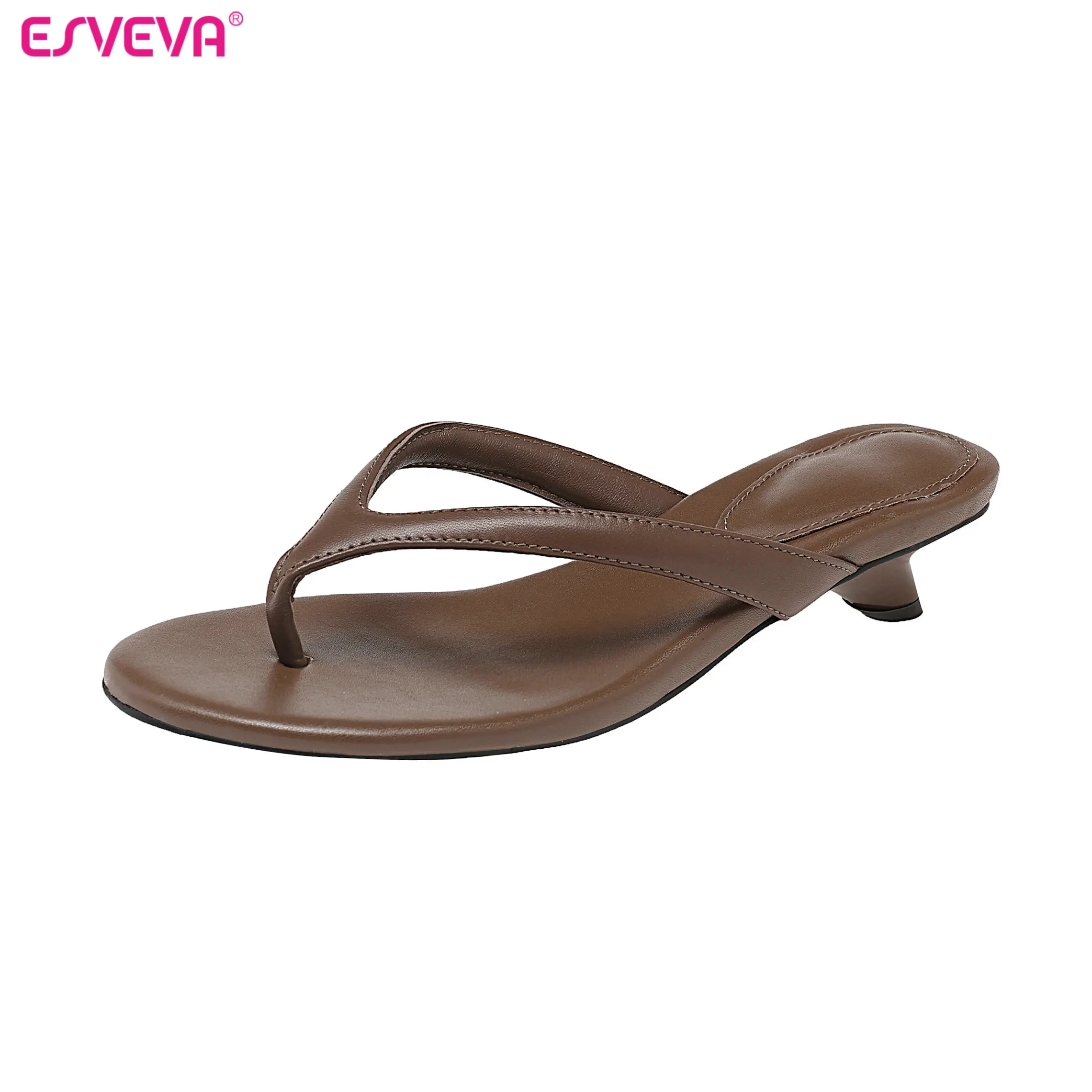 ESVEVA Fashion Women Summer Sandals Shoes News Cow Leather Mid Heels Flip-flops Pointed Toe Pumps Shoes Dress Party 34-40