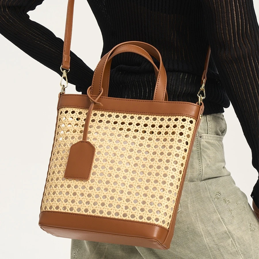 

Rattan Tote Bag for Women Straw Beach Bag Crossbody Purse PU Leather Summer Shoulder Bag Cute Boho Purses Tote Handbag