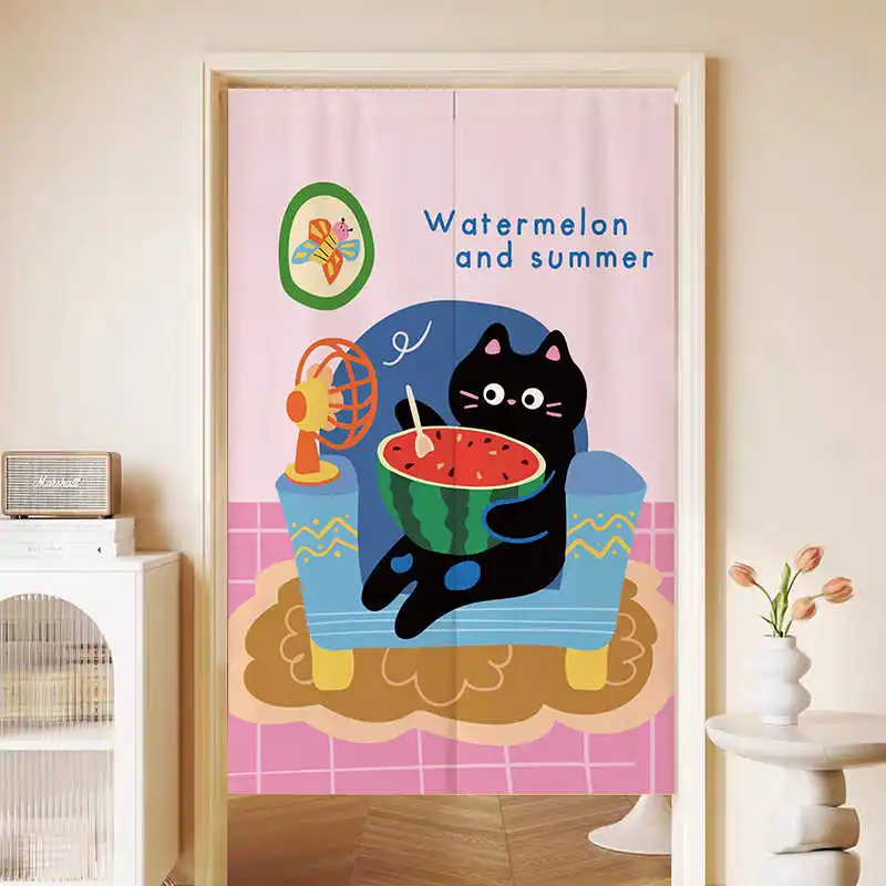 VIKAMA Bright Blue Black Cat Pink Ladybug Wow So Cute Text Door Curtain Rod Pocket Playful Split Panel Soft Durable Cozy Gift