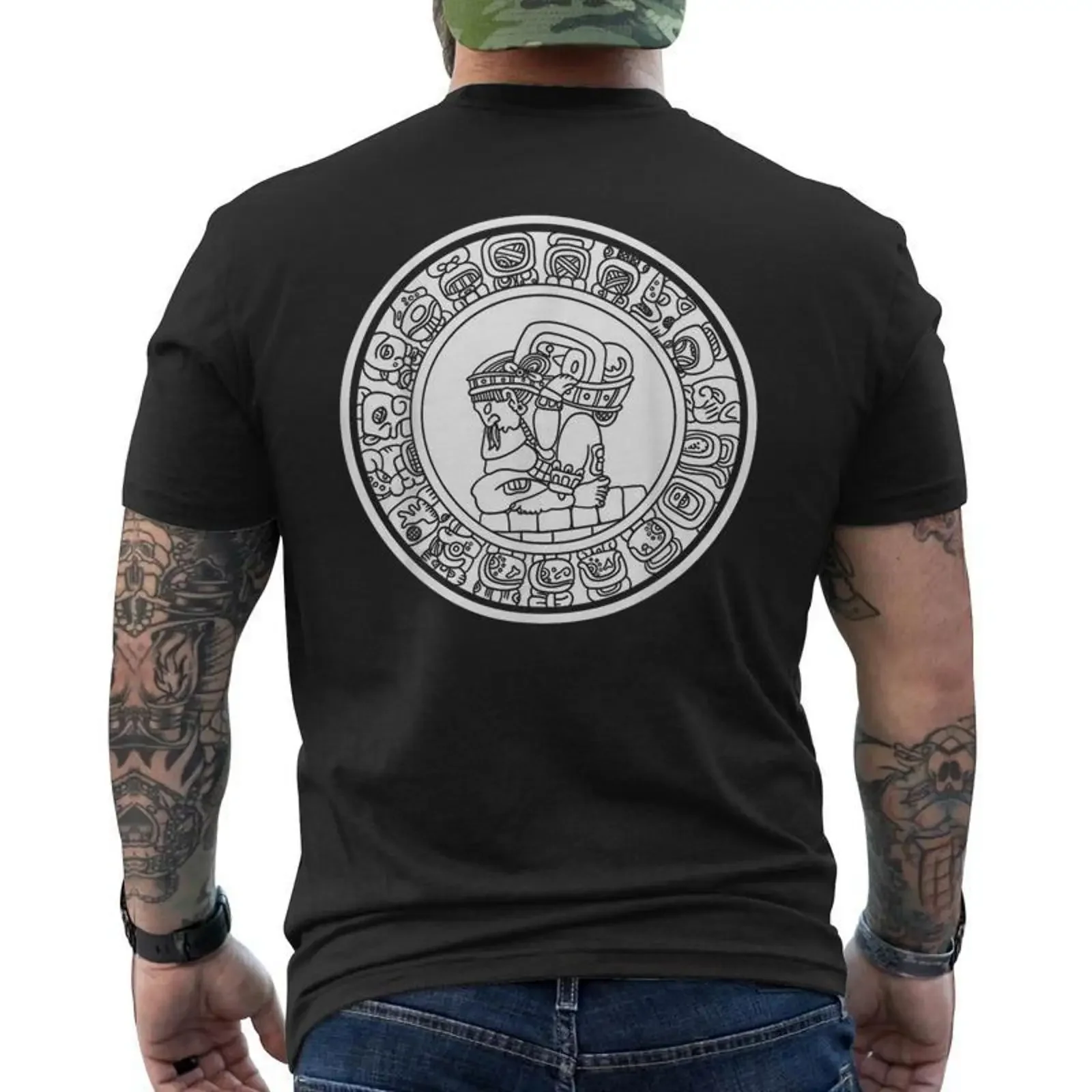 Mayan Calendar Aztec Maya Nation Mesoamerica Mexico Men's Back Print T Shirt Monsterry vintage Washed Top For Everyday Wear