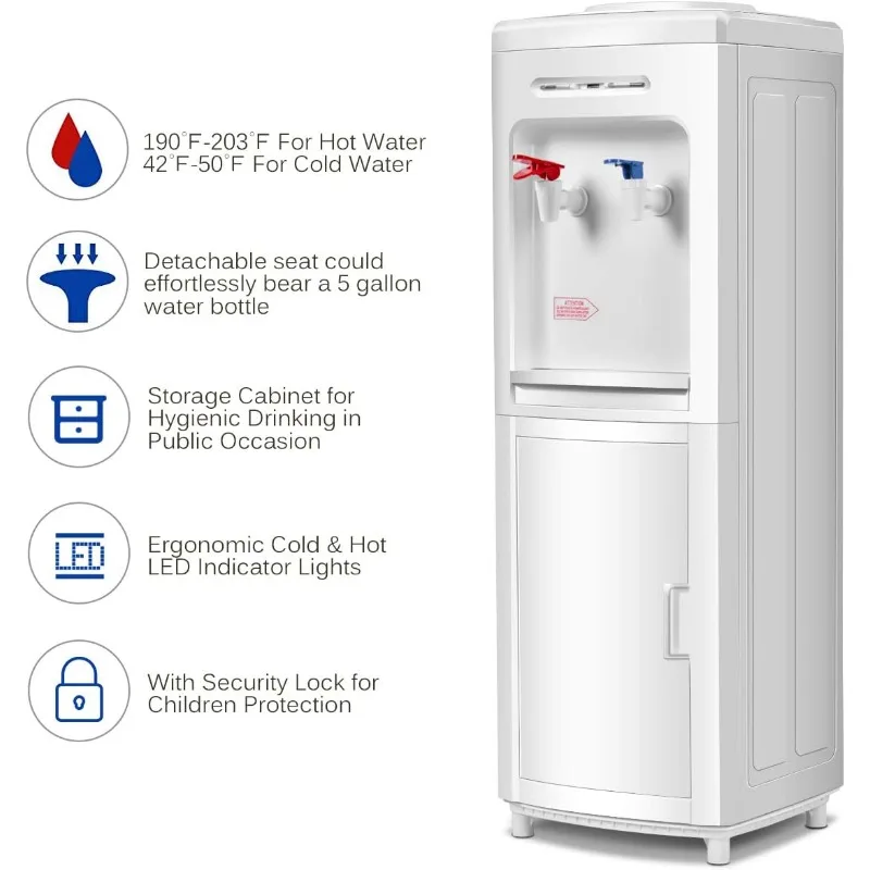 Dispensador de refrigerador de água de carregamento superior Giantex 5 galões de temperatura normal de água e casa elétrica quente com armário de armazenamento, branco