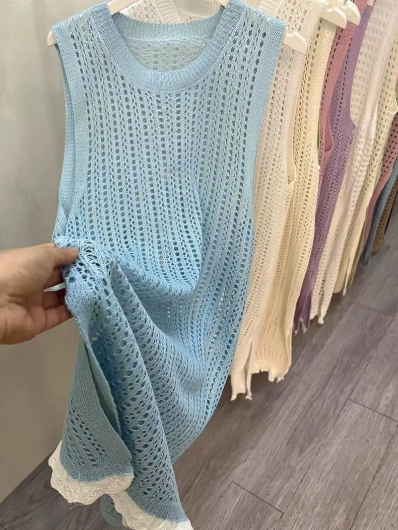 Dresses for Women Summer New High-end Designed Loose Simple Casual Temperature Niche Chic Hollow Slit Mid-length Knitted Dress