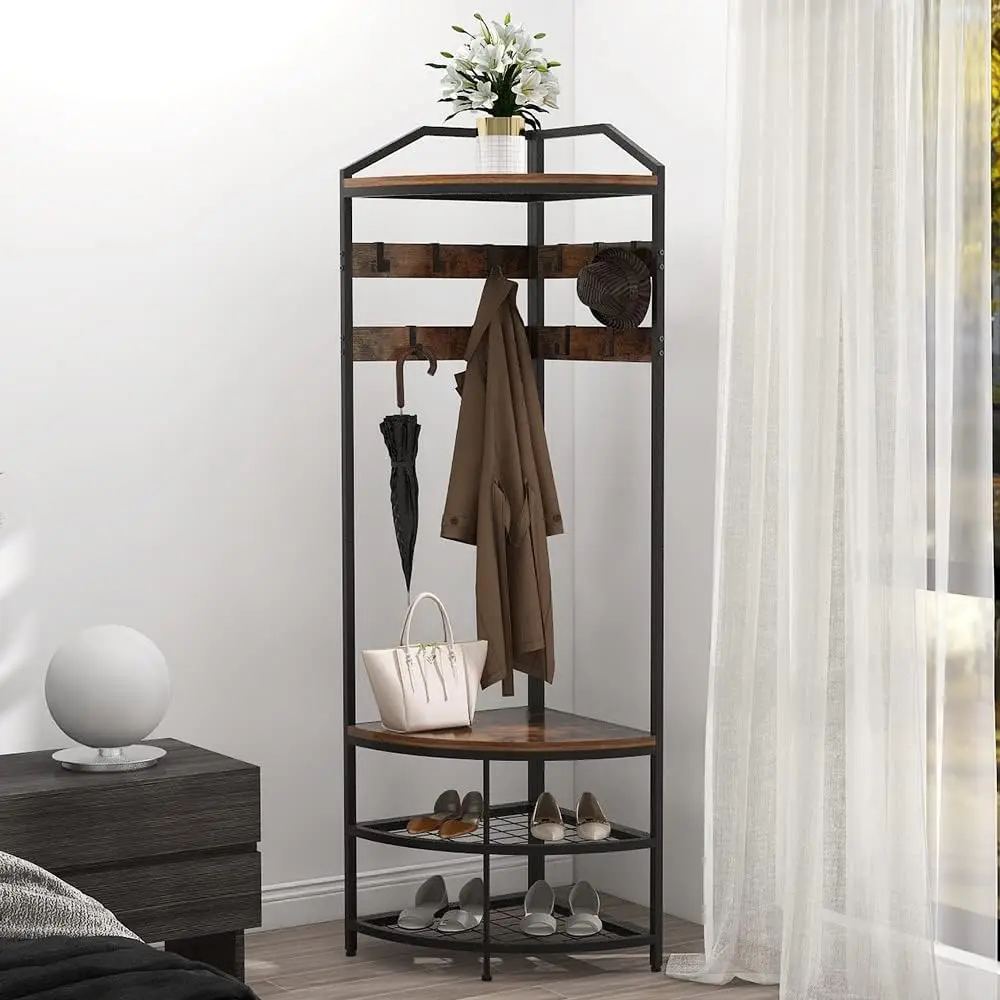 Corner Hall Tree with Shoe Bench Entryway Coat Rack with 10 Metal Movable Hooks Floor Standing Clothes Rack Shoes Shelf Organize