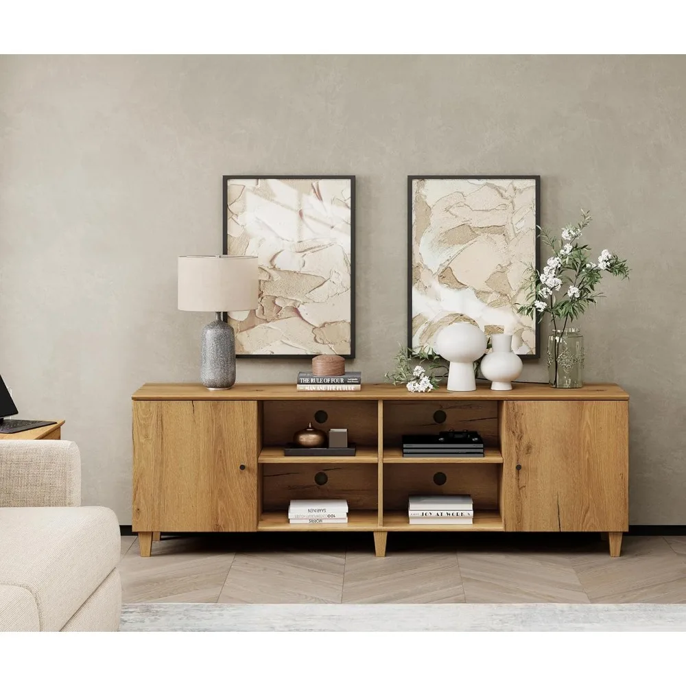 Suporte de TV para TV de mais de 75 polegadas, centro de entretenimento de madeira moderno de meados do século de 70 polegadas com porta, mesa de console de mídia ampla