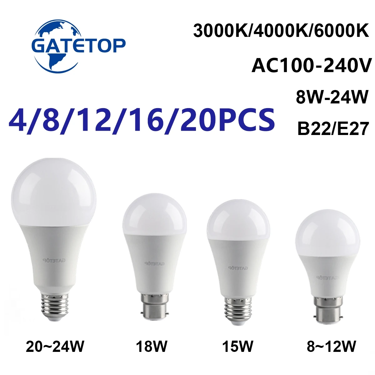 4-20pcs AC110V/AC220V Led bohlam konservasi energi lampu E27 B22 daya nyata 8w-24w tidak ada strobo hangat cahaya putih