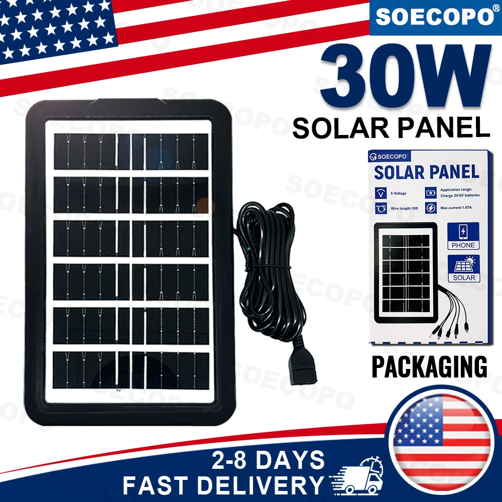 

(Доставка по США 2-8 дней) SOECOPO 30W портативная кемпинговая солнечная панель из монокристаллического кремния 5В с кабелем USB 5-в-1 и кронштейном для использования на улице