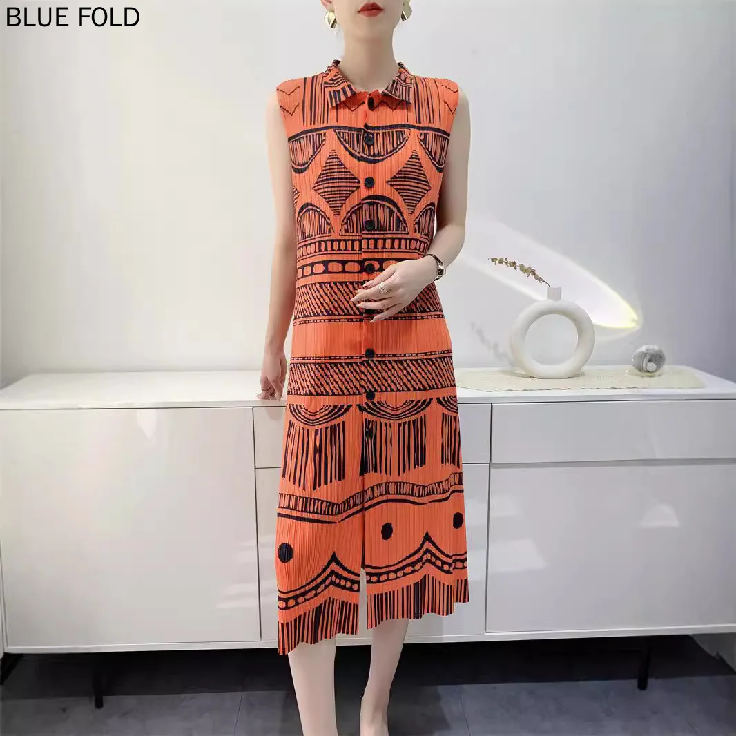 MIYAKE PLEATS Vestido Robe Summer New Shirt Dress Women's Medium-length Printed Comfortable Casual Slim Pleated Cardigan Dress