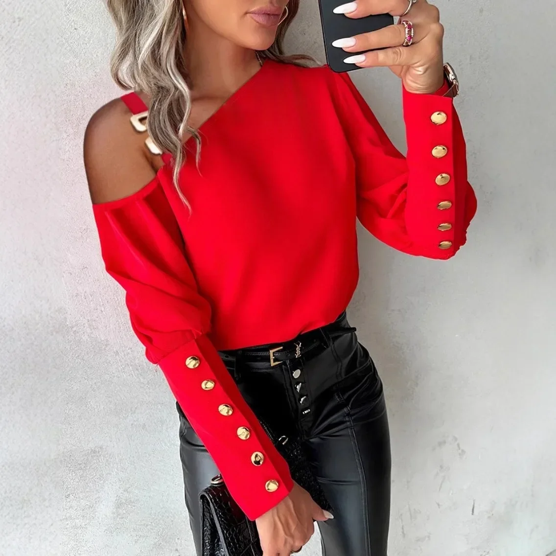 Women Fashion Off‑One‑Shoulder Blouse Solid Red Long Sleeve Lantern Sleeve Multiple Gold Decor Buttons Cuff Daily Ladies Tops
