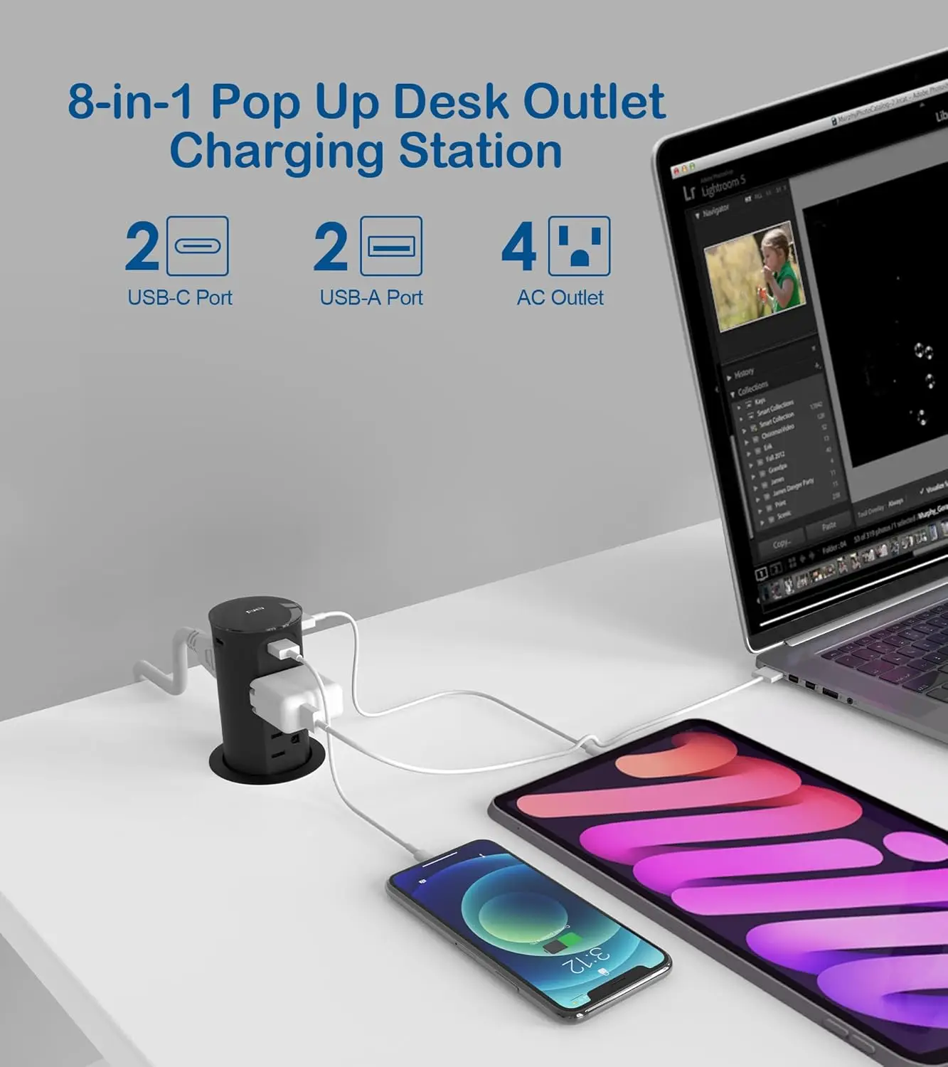 Pop up Outlet for Countertop with USB C 2.5in Hole Desktop Power Grommet 4 Outlets 4 USB Ports,15A Tamper Resistant