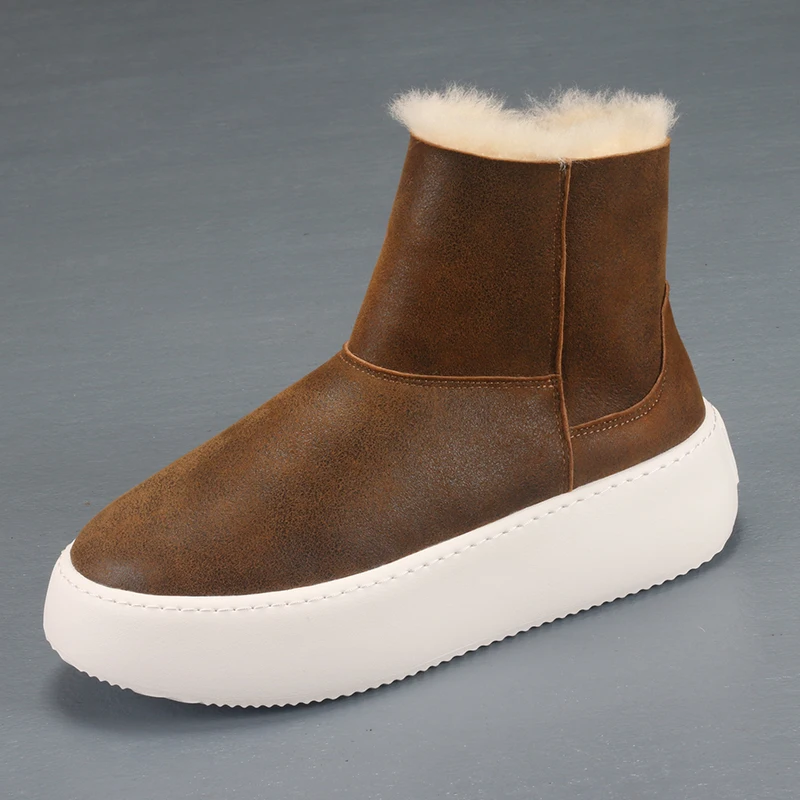 Winter warm and thick wool shoes, high top men's leather boots, sheep fur integrated leisure thick bottom snow boots