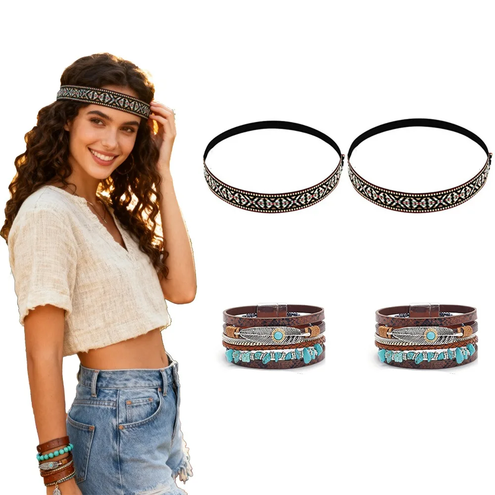 

PESENAR Indian-Style 4-Piece Set: Handmade Beaded Choker & Leather Bracelet - Boho Ethnic Jewelry
