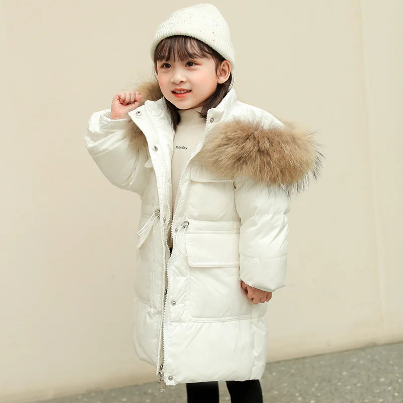 Down New Winter long thick Jacket for girl clothes Hooded parka real Fur toddler Coat Kids snowsuit Outerwear clothing overcoat