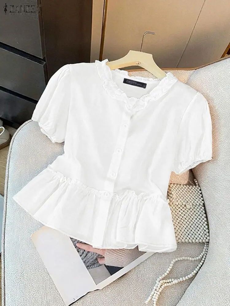 

ZANZEA 2025 Summer Blouse Elegant Ruffled Work Shirt Women Short Sleeve Buttons Tops Casual Solid Holiday Busas Mujer Oversize