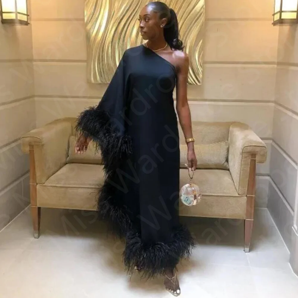 Customized Luxury Feathers Evening Dress Black Prom Party Gown Ankle Length One Shoulder Wedding Guest Gowns Arabic Long Sleeves