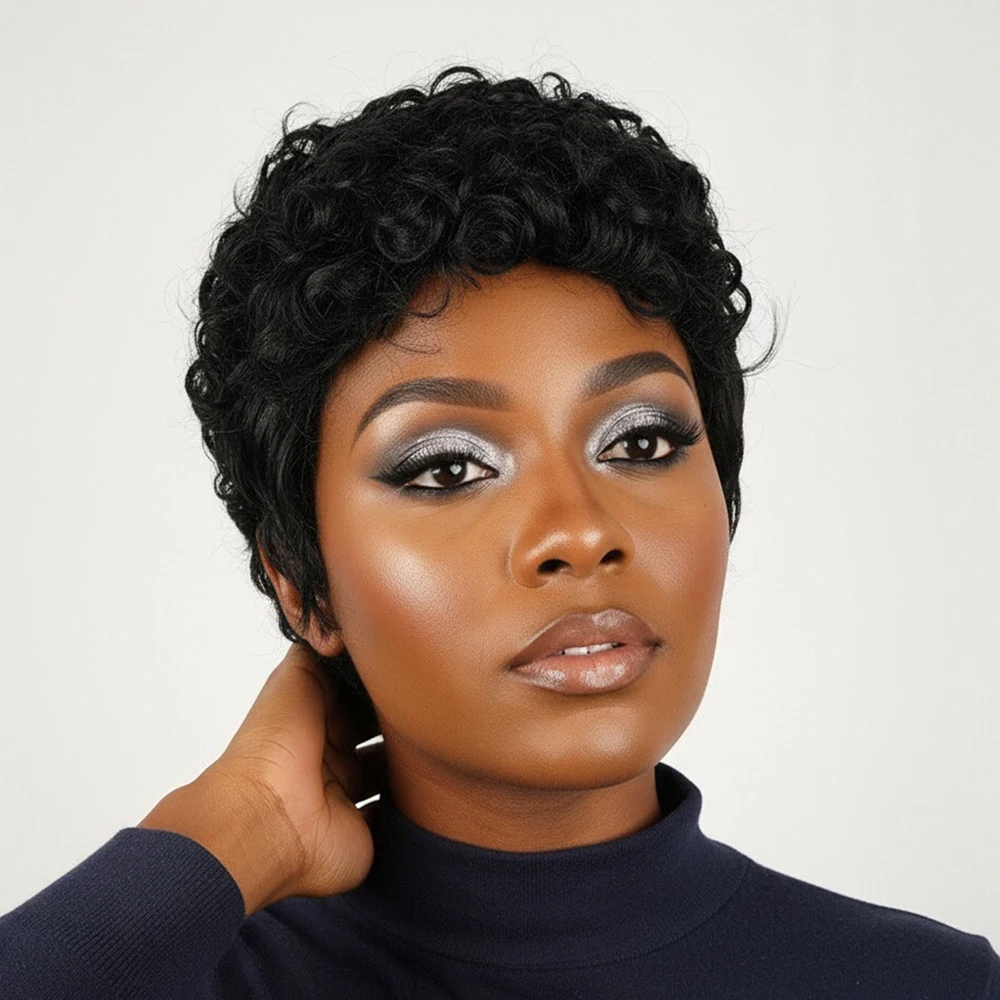 Парик из бразильских человеческих волос Water Wave, короткая вьющаяся стрижка пикси с челкой, предварительно выщипанная для женщин, машинное производство, многослойный боб, естественный вид