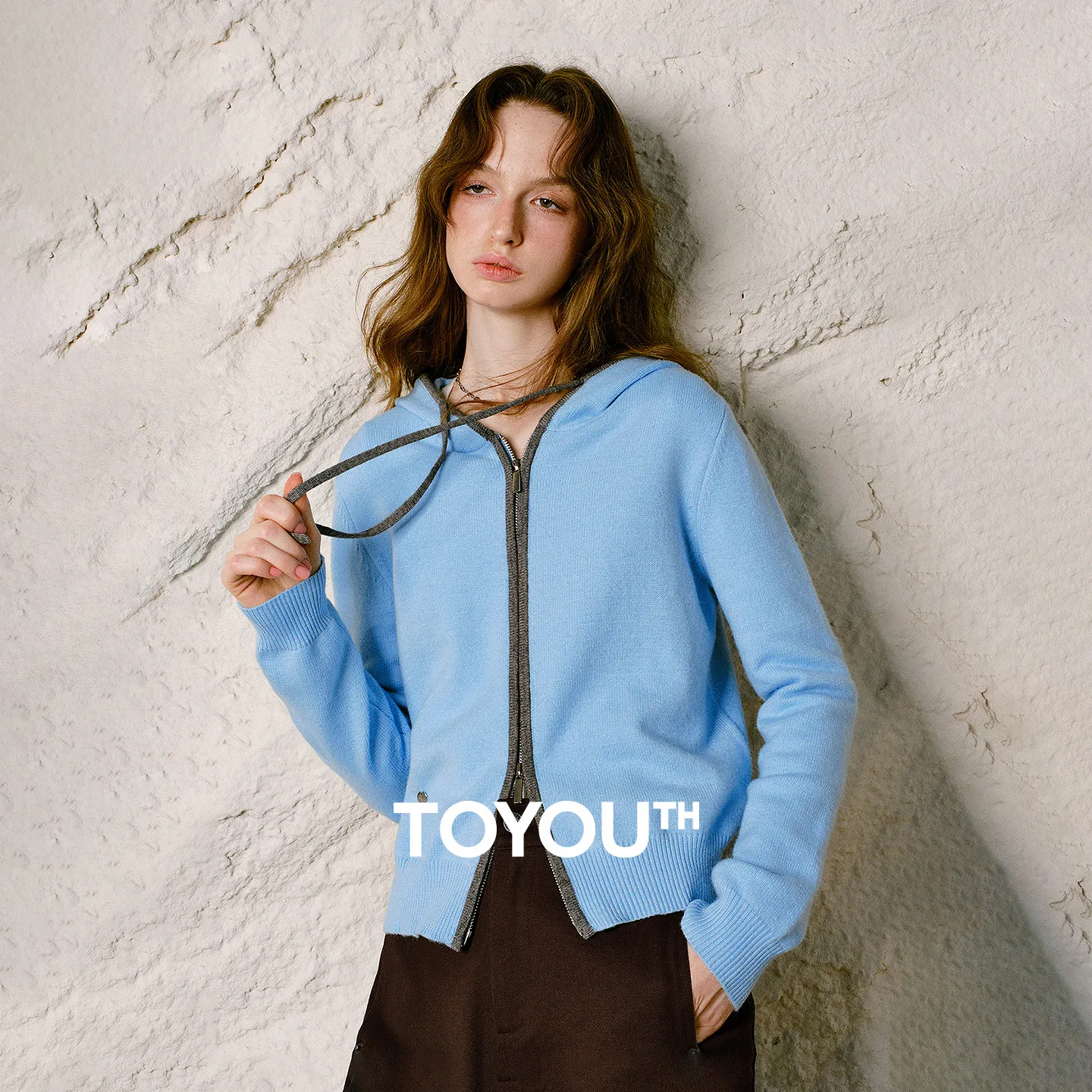 TOYOUTH Women Cardigan 2026 Winter New Contrast Drawstring Slim Fit Hooded Knit Outerwear