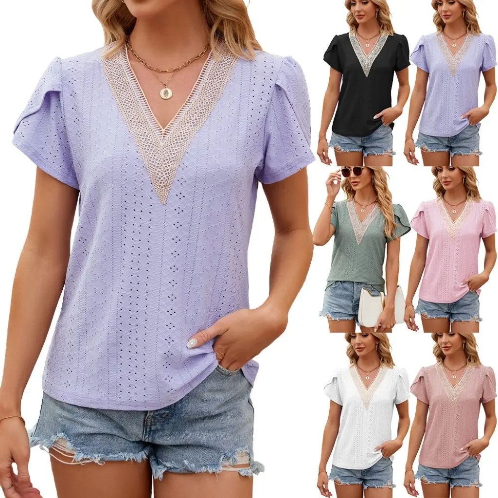 

Women's V-neck Short Sleeve T-shirt Lace Stitching Loose Fit Spring Summer Top European American Style Trade