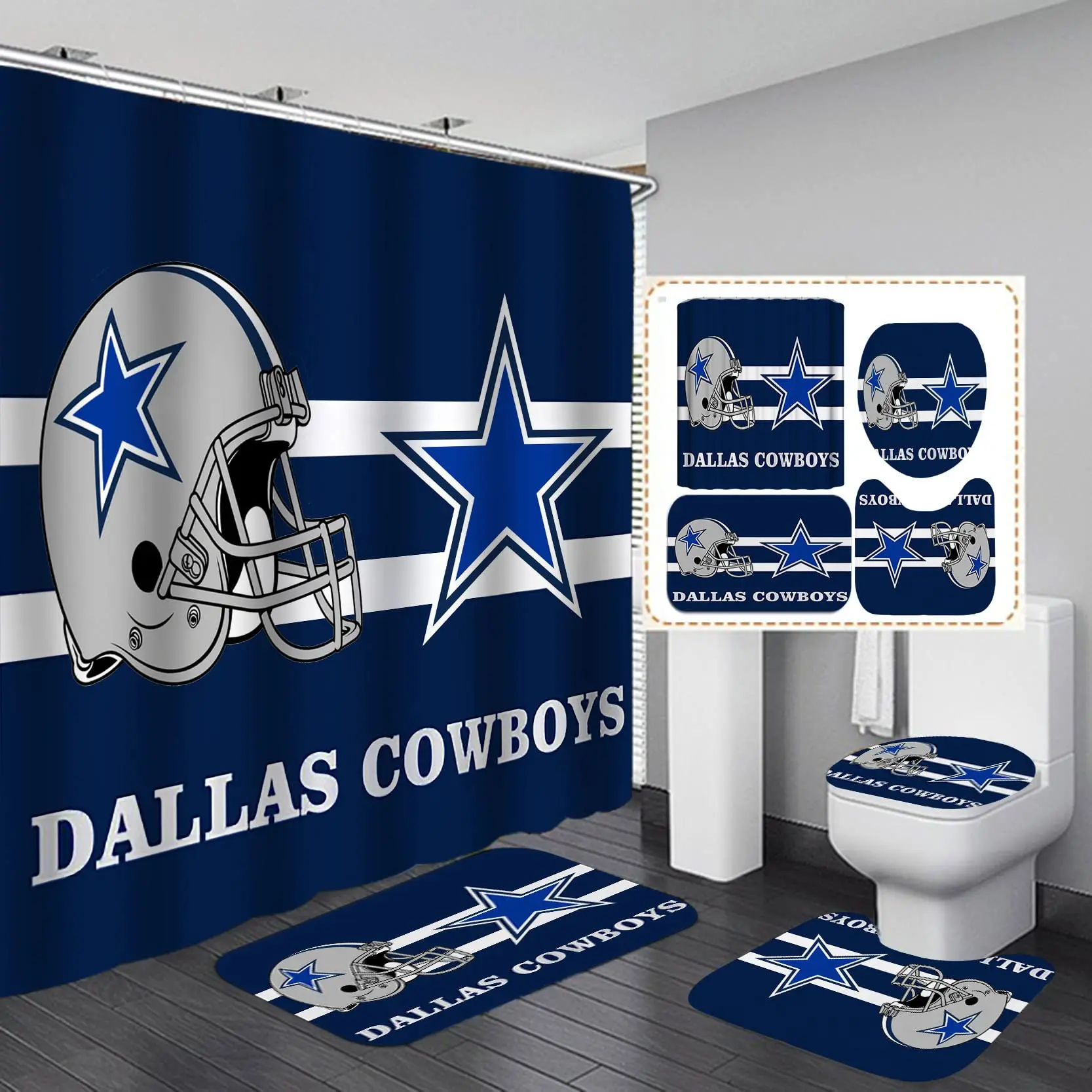 

4PCS Sports Shower Curtain Set American Football Grey Helmet Texas Star Modern Touchdown Man Cave Bathroom Rug Decor Bath Mats