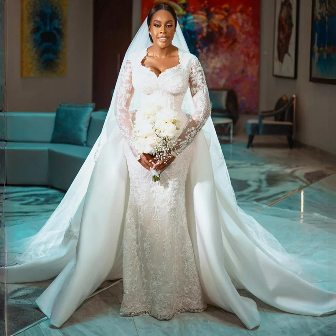 Customized Beautiful Square Neck Lace Wedding Dress  With Detachable Train Lace Long Sleeves Beach Aso Ebi Bridal GowN