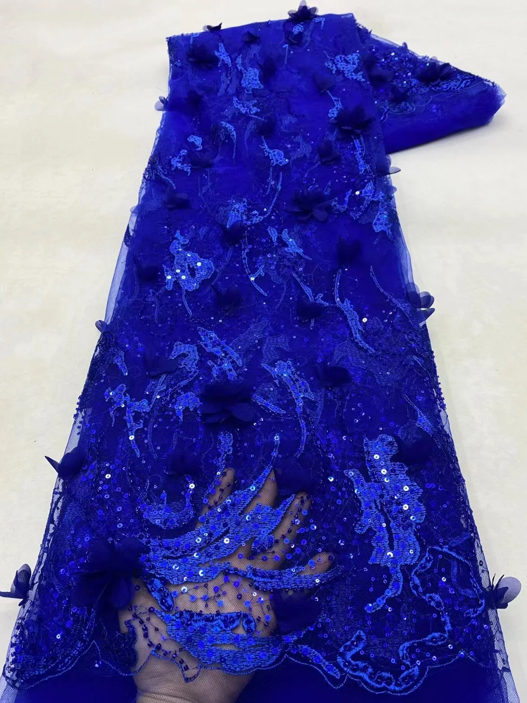 

(5yards/pc) Royal blue Embroidered French lace 3D flowers appliqued African party tulle lace fabric with beads sequins FZX207