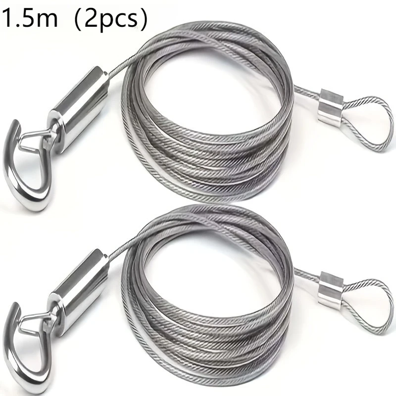 2Pcs 1.5m Stainless Steel Safety Cable, Heavy Duty Wire Rope with Hook for Hanging Lights, Fixtures & Outdoor Use