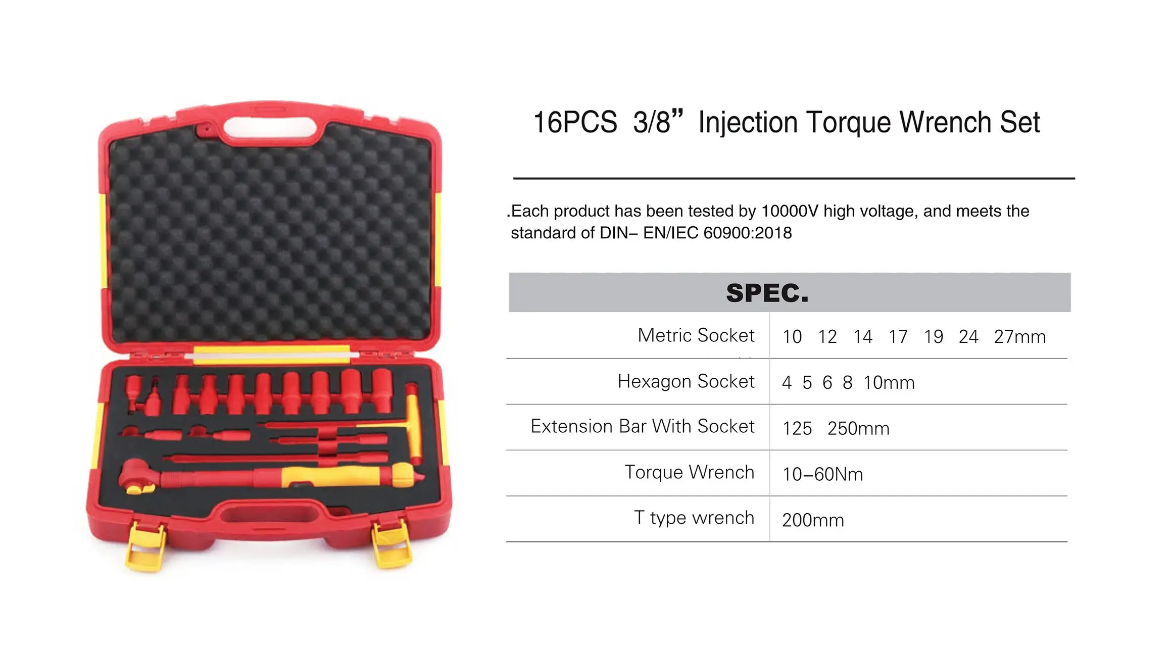 16pcs Insulated Tool VDE Torque Wrench 1000V 3/8 Extension Rod Socket T-wrench Suit
