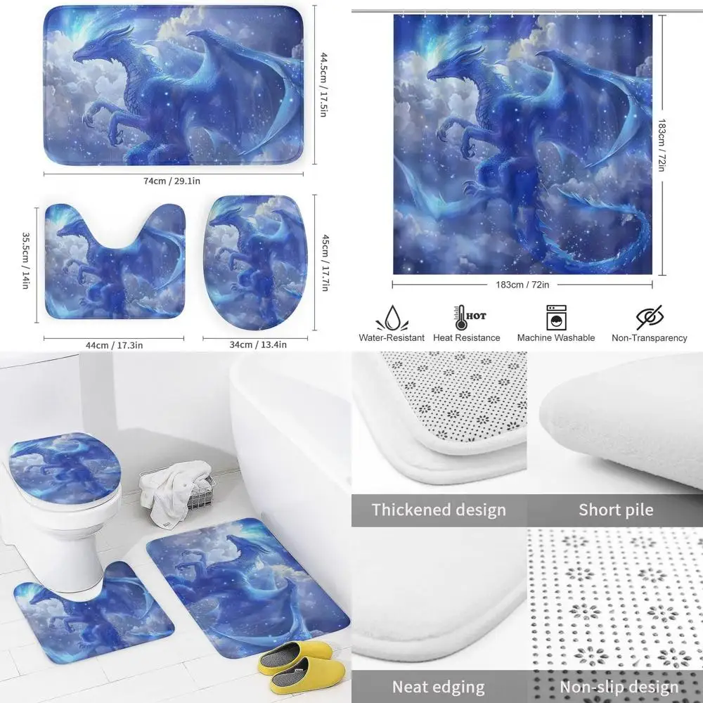 

Dragon Fantasy Shower Curtain Set with Rug, Lid Cover, Bath Mat, and 12 Hooks - Moonlit Sky and Clouds Design
