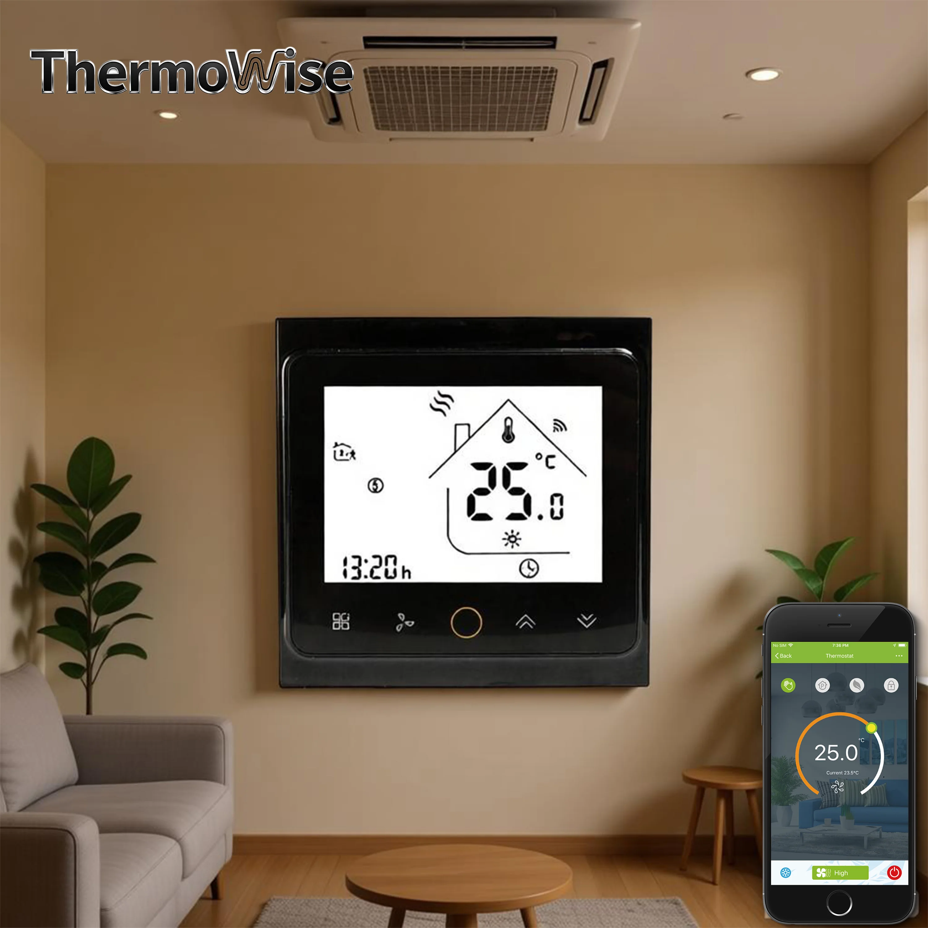 EC&AC Auxiliary Valve Cooling Heating Thermostat WIFI for Fan Coil Unit  3-Speed  0-10V  Analog Proportional Modulation