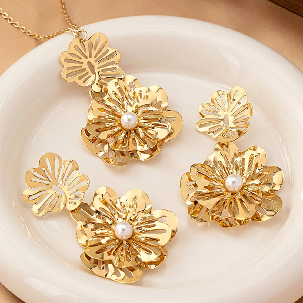 

Flower Earrings New Necklaces Designs Jewelry for Women Wedding Gifts Geometric Earring Pendants Party Retro Exaggerate Sets