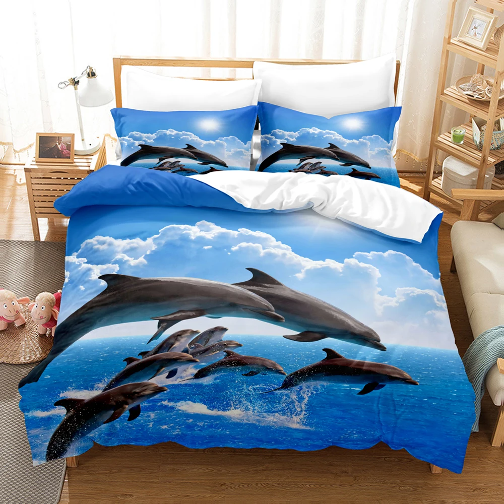 Juego de cama con estampado 3D de tiburón delfín para niños, juego de cama individual y doble, tamaño Queen, King, Ocean Fish, Duvetcover, 15