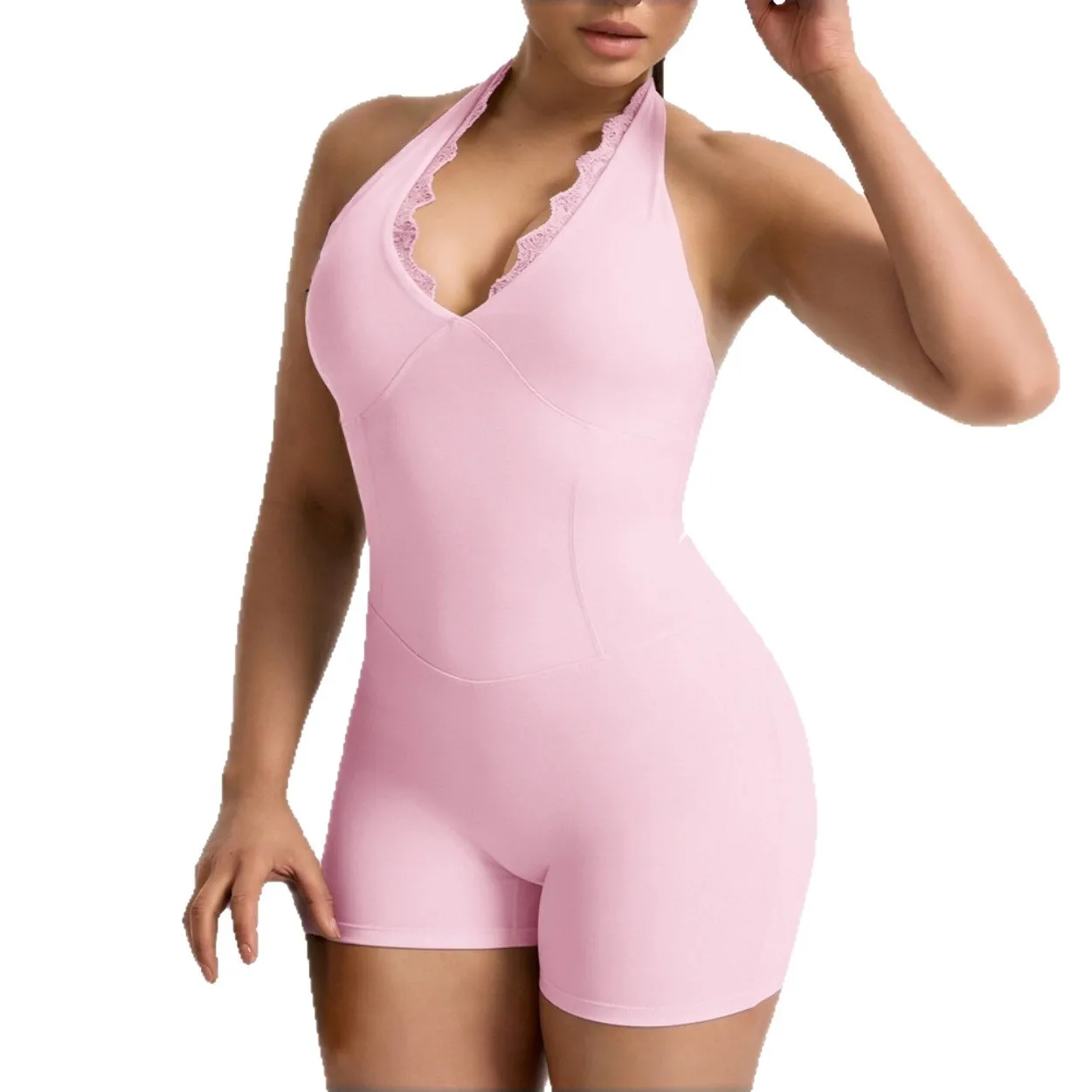 One-Piece Lace V-Neck Jumpsuit Yoga Outfit Sexy Back And Hip Lifting Jumpsuit Shorts Quick Drying Sports And Fitness Outfit