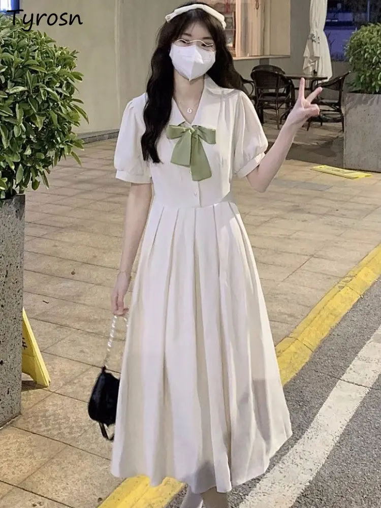 

Dresses Women Preppy Tender Elegant Retro Empire Design Simple Students Folds Sweet Korean Style Summer Midi Vestidos Popular