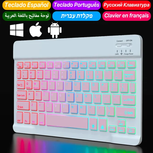 Imagen 1 del producto Español Teclado ultrafino portátil retroiluminado con Bluetooth, dispositivo inalámbrico, recargable, Color RGB, 10 pulgadas, para Samsung, Huawei, Apple