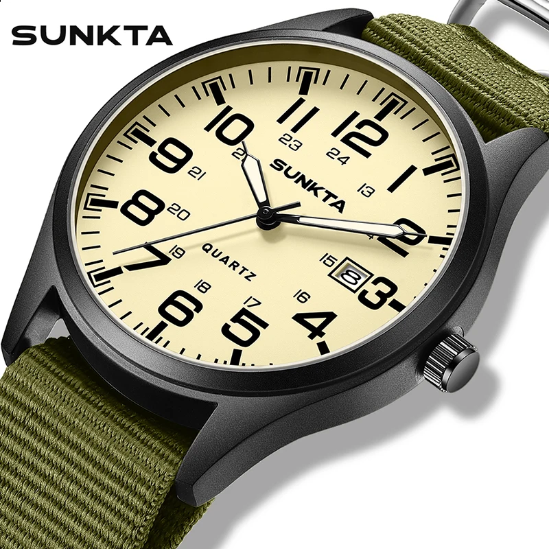 SUNKTA جديد ساعات المعصم الرجالية الكوارتز موضة الأسبوع العسكري تاريخ ساعة الرجال النايلون مقاوم للماء مضيئة كرونوغراف Montre أوم + صندوق #1