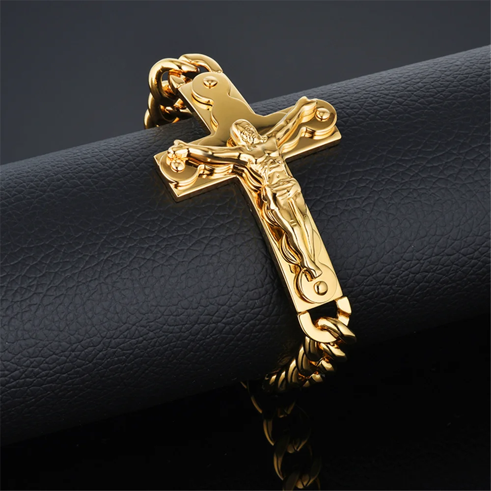 Jesus Cross Men\'s 316L Stainless Steel Bracelet Male Wholesale pulseira Mens Braclets Gold Color Wrist Bracelets For Men Jewelry