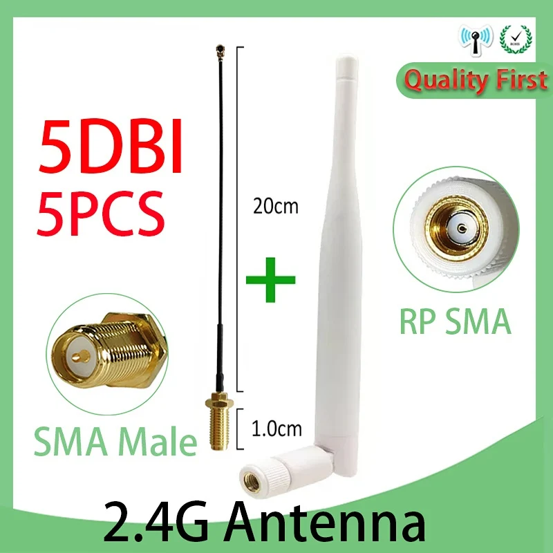 

5PCS 2.4GHz 5dBi wifi antenna WiFi RP-SMA Connector 2.4G white Antenne Router + 21cm PCI U.FL IPX to SMA Male Pigtail Cable