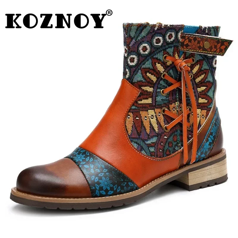 

Koznoy 5cm Jacquard Print Cloth Genuine Leather Ankle Big Size Canvas Wedges Boots Ethnic ZIP Autumn Spring Cowboy Women Shoes