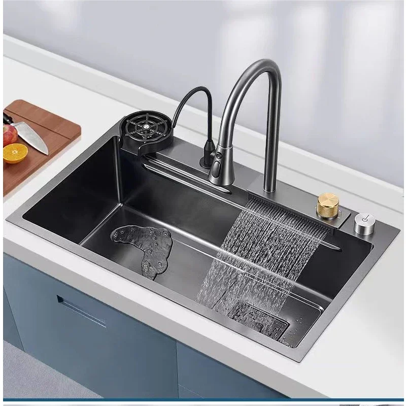 

Full Whole Set Waterfall Kitchen Sink 304 Stainless Steel Big Single Bowl Dish Rack Mount Brushed Grey Design 5 Year