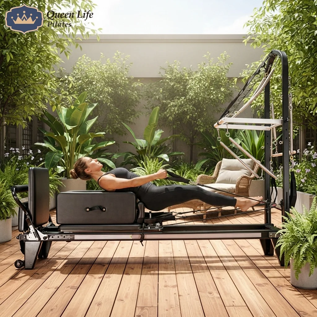 Professional 13 German Spring Pilates Reformer with Tower Adjustable Footbar Half Cadillac Machine with Maple Wood Bar