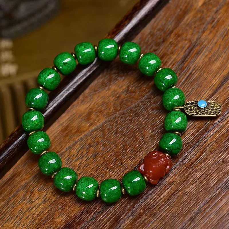 Backflow Bone Green Bead Bracelets Single Ring Tibetan Collectables-Autograph Rosary Agate Nine Tail Copper Clip Accessories