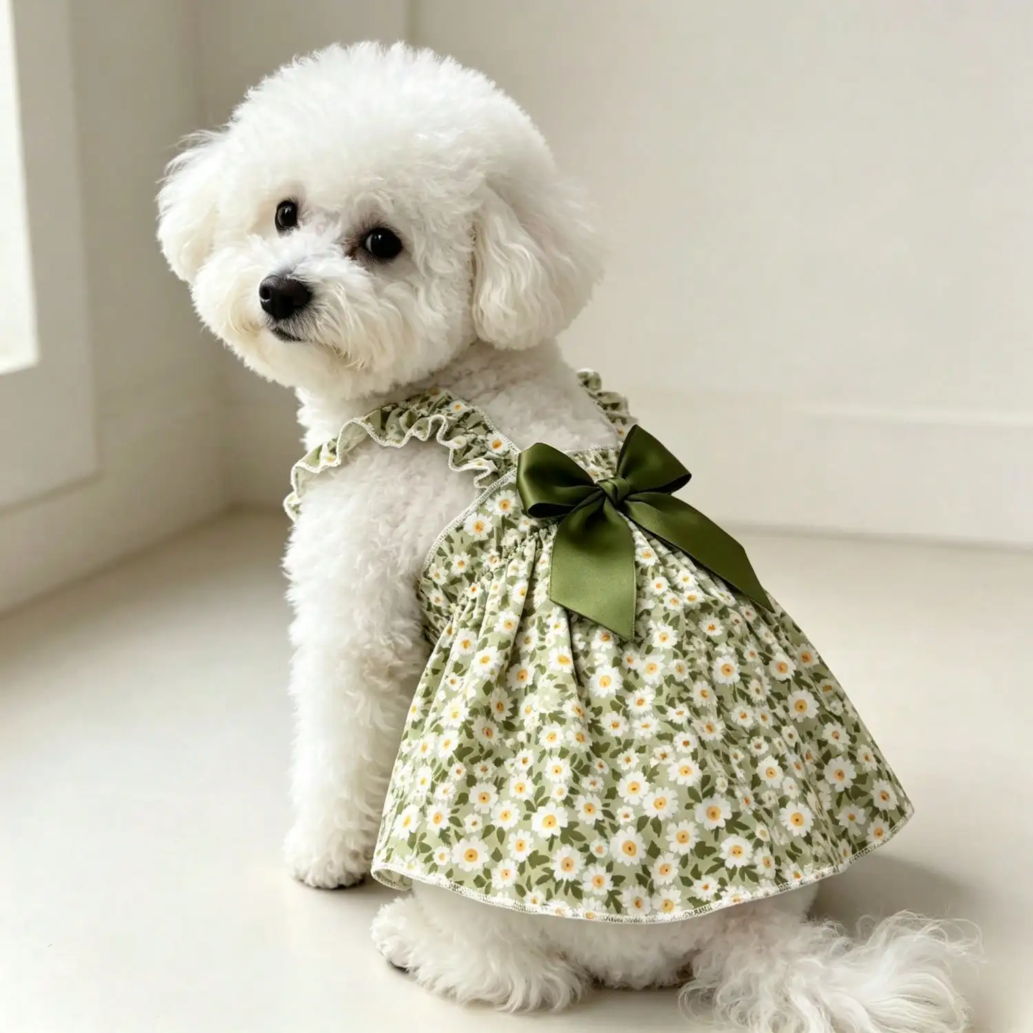Sommerkleid für Haustiere, ärmellos, mit Blumenmuster, Rüschenriemen, großer Schleife als Dekoration für kleine Hunde, für den täglichen Gebrauch und Partys. – Detail 11